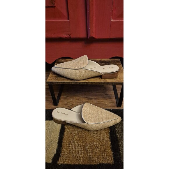 New Cole Haan 7 Women's Piper Mule Metallic Gold Linen Raffia Shoes  Please Read - Picture 1 of 7